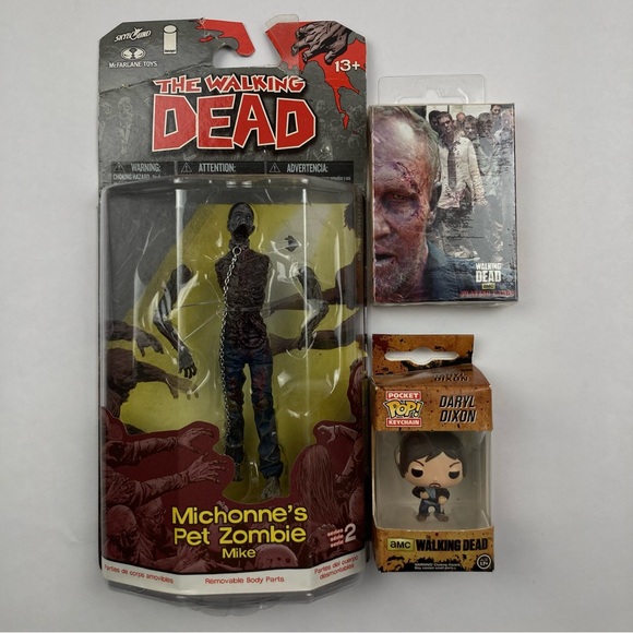 Lot of 3 Walking Dead Toys McFarlane Michonnes Pet Funko Daryl Keychain Cards - Picture 1 of 11